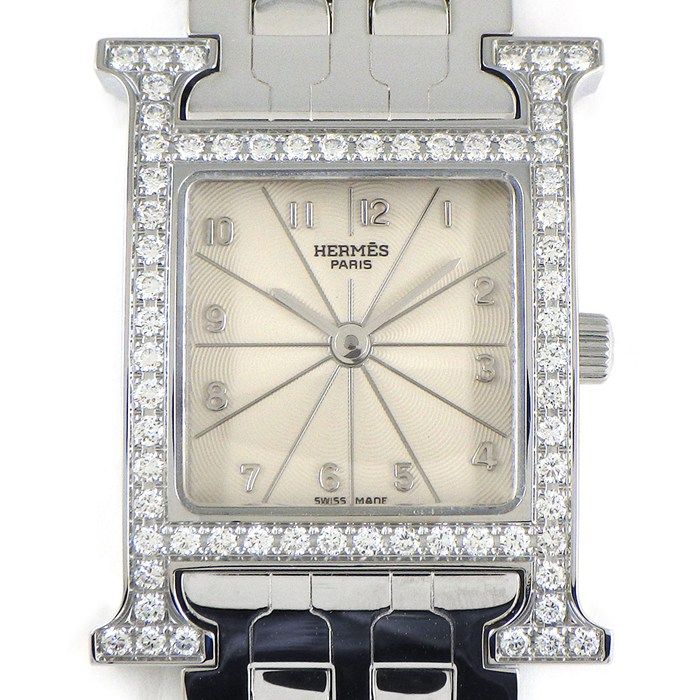 エルメス HERMES 腕時計 Hウォッチ HH1.230 ダイヤベゼル スクエア アイボリーギョーシェ文字盤 SS クオーツアナログ