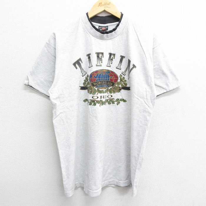 XL/古着 半袖 ビンテージ Tシャツ メンズ 90s ティフィン オハイオ 葉 コットン クルーネック 薄グレー 霜降り 23may13 中古