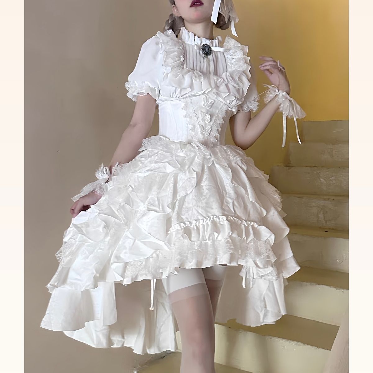 暗黒ゴシック 吸血鬼伯爵風 ロリータセットアップ シャツ＋取り外し 袖＋提拉スカート 黒 白2色展開 ナイチンゲール少女風