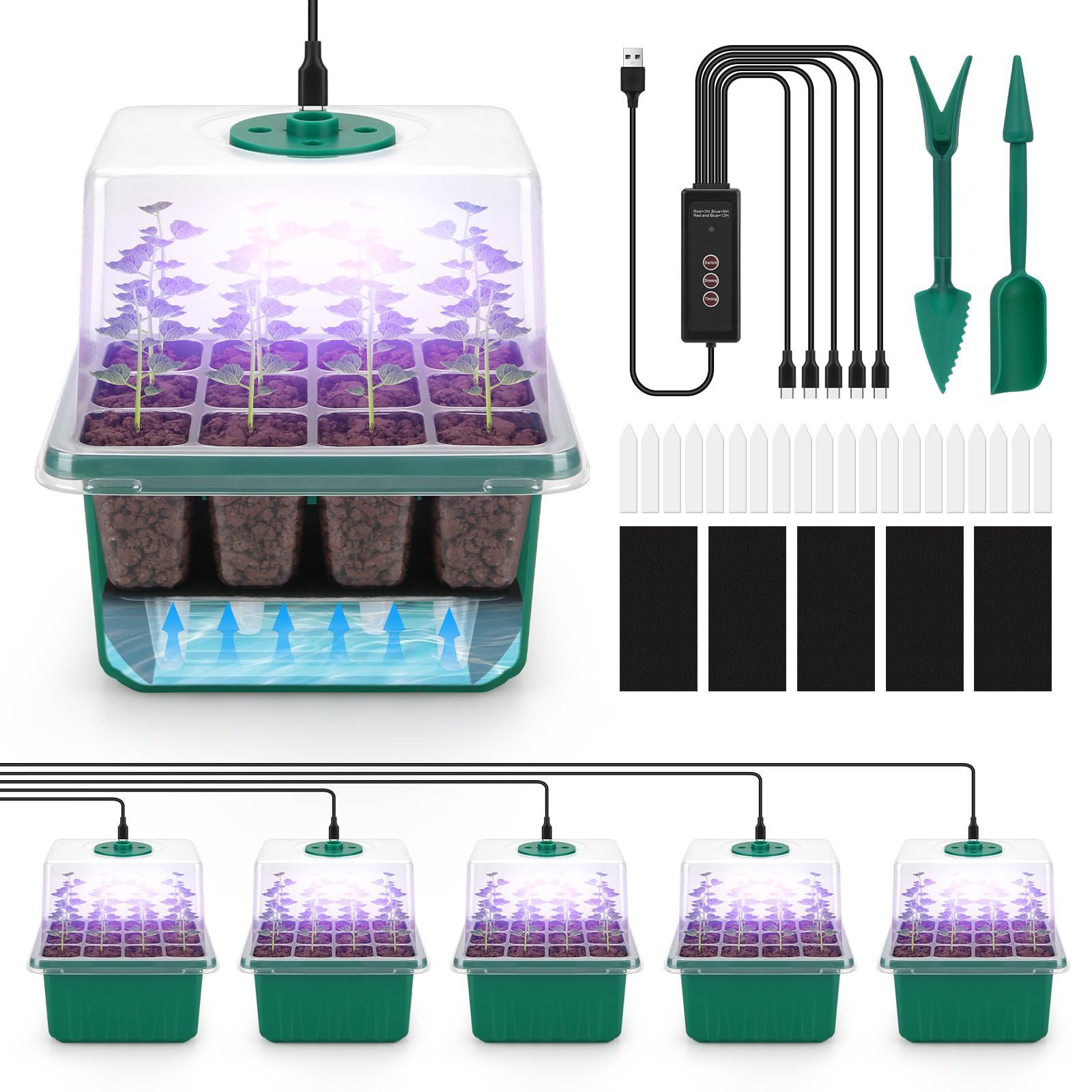 BlumWay 育苗ポット 育苗トレイ 5個セット 12穴 植物育成ライト付き 育苗箱 発芽?育苗セット 種まきハウス 湿度・温度管理 通気性 耐久性 園芸 植物栽培 園芸/植栽/庭園