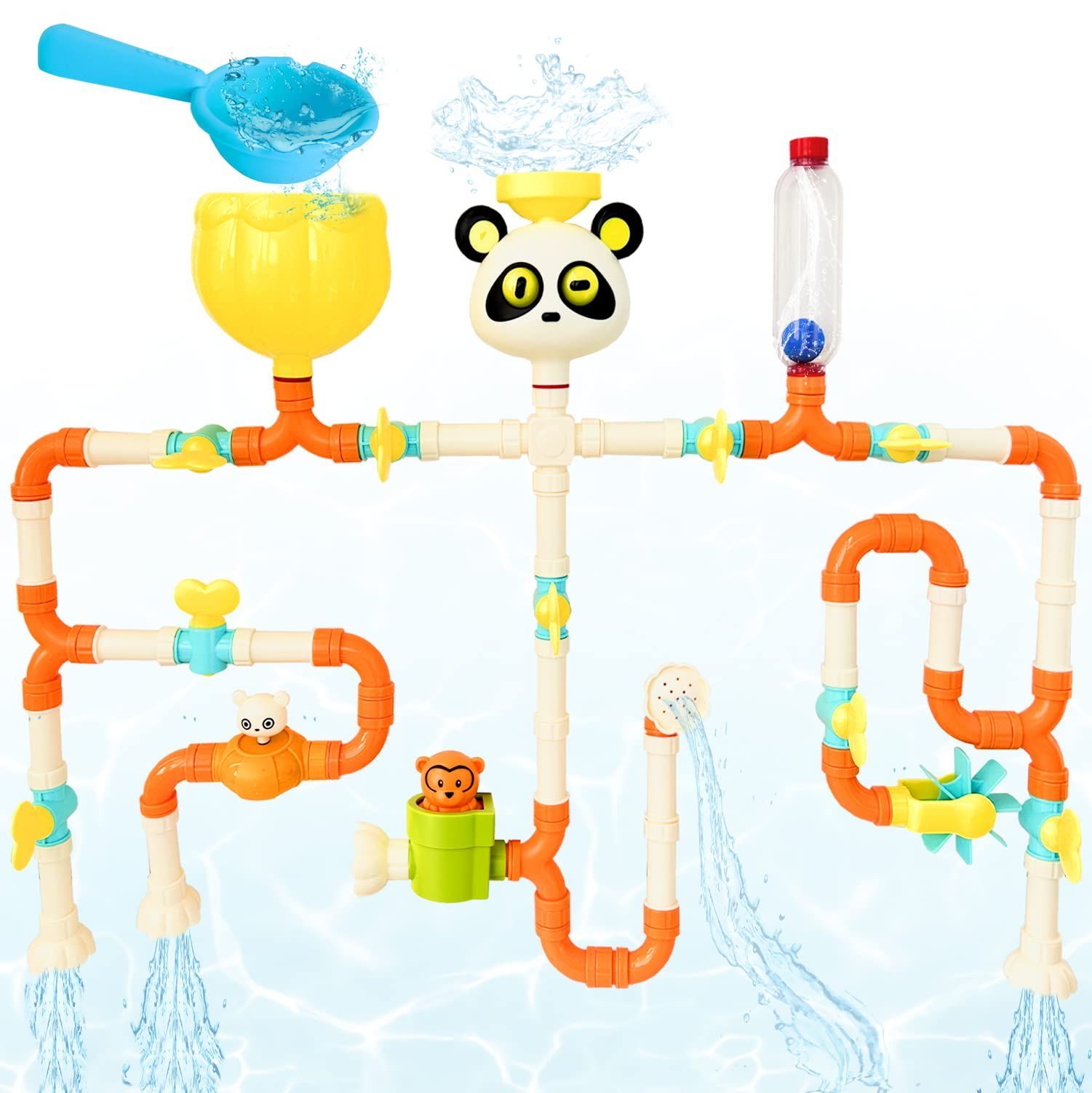 数量 CORPER TOYS お風呂おもちゃ おふろおもちゃ 水流れ 水遊び パイプ 蛇口 組み立て おもちゃ パンダ定番 バストイ シャワー 噴水 ひしゃく 水車おもちゃ クリスマス プレゼント 58点セット