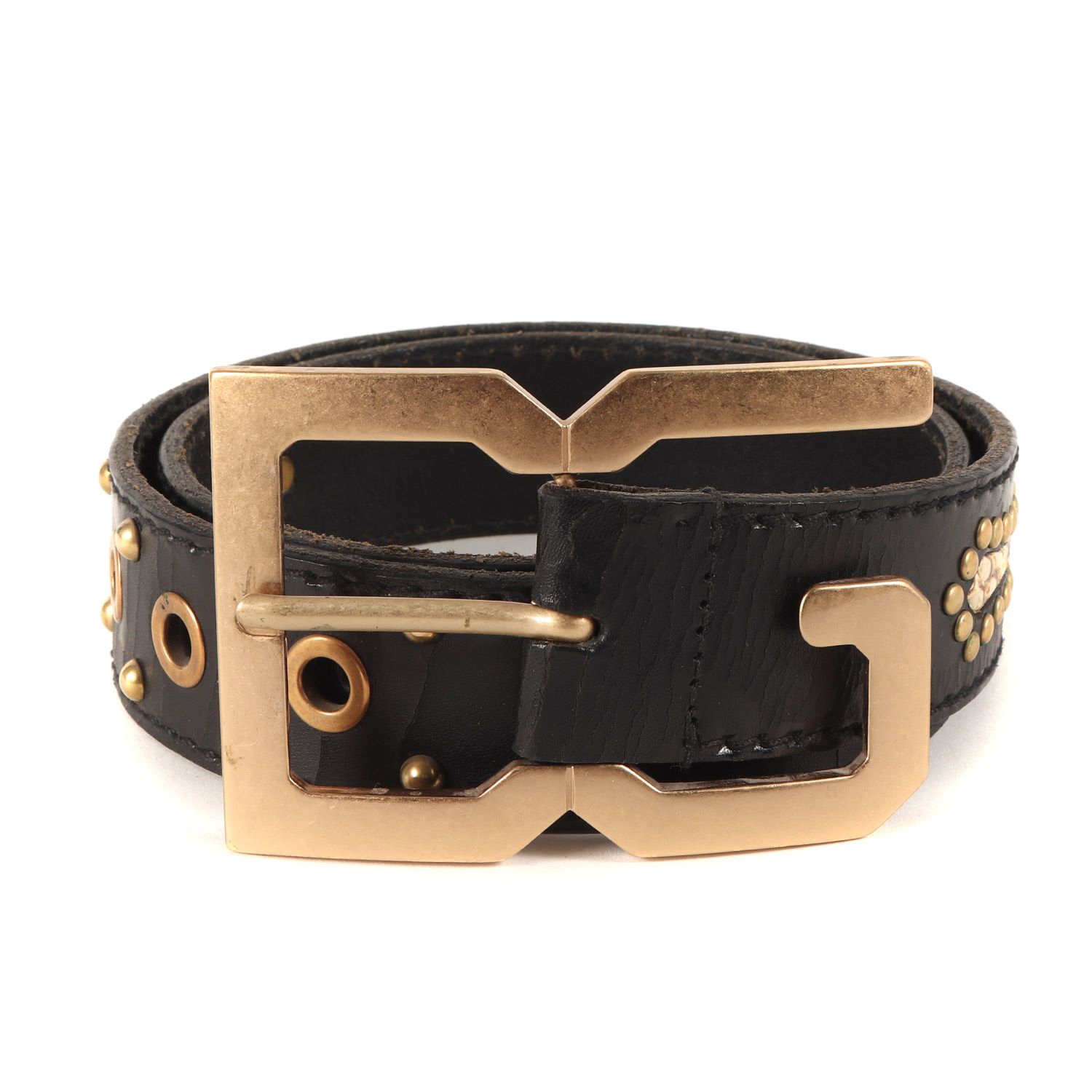DOLCEu0026GABBANA ドルチェu0026ガッバーナ ベルト サイズ:85(34) アンティーク加工 DGバックル スタッズ ハトメ クラックレザー ベルト ブラック 黒 ブランド ファッション 雑貨 小物【メンズ】