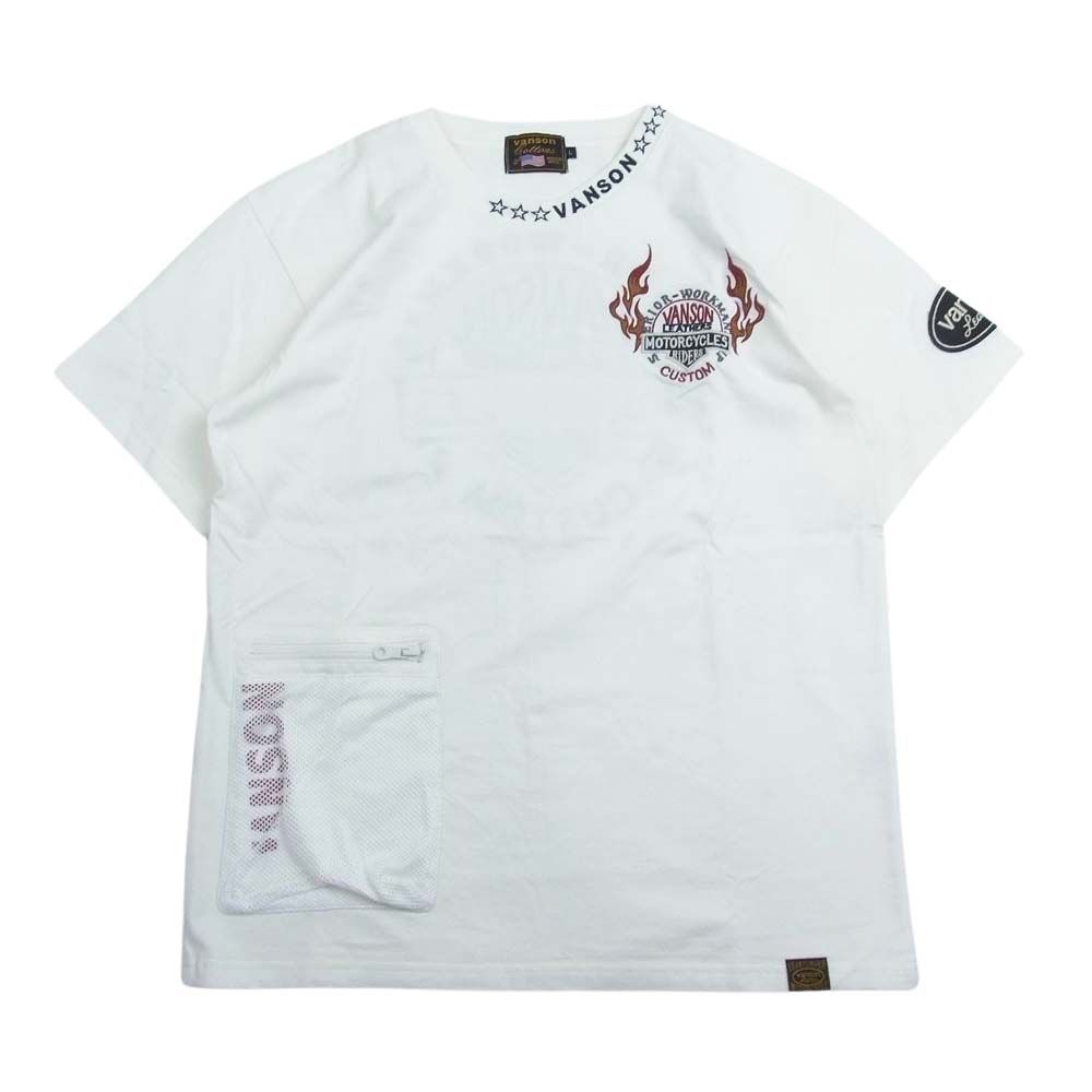 VANSON バンソン ロゴ刺繍 メッシュポケット 半袖 Tシャツ ホワイト系 L【中古】