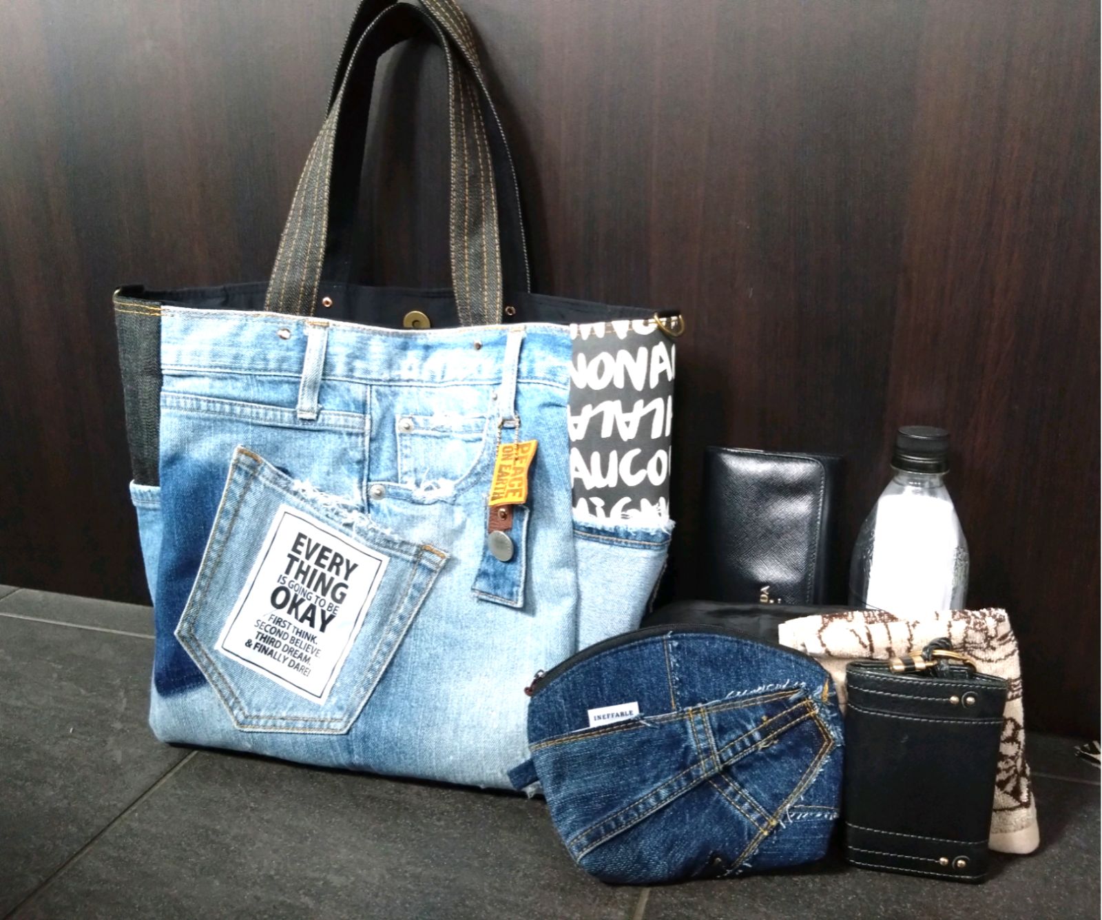 №750【DENIM✖️サイドポケットBIGsize ToteBAG⚮̈🩷】ダメージ