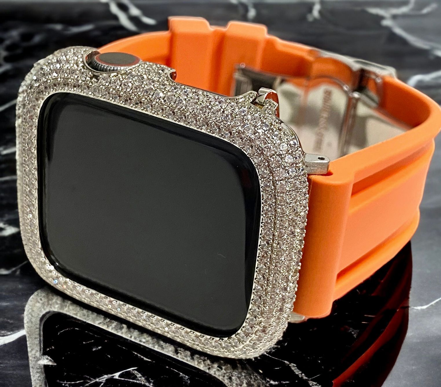 シルバー×オレンジ 超 パブェ Apple Watch キラキラ カバー ケース ラバー バンド ベルト