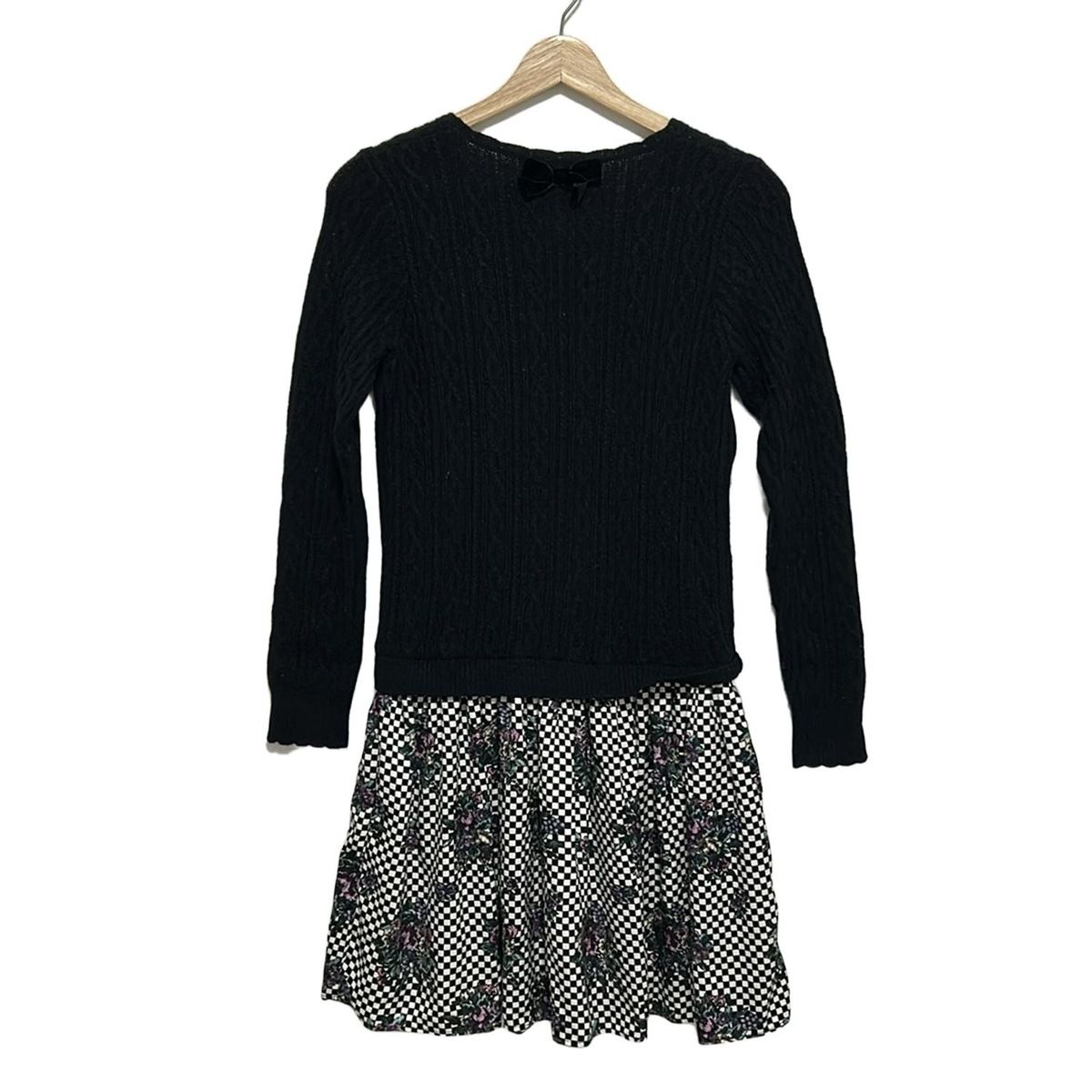 ドーリーガール バイ アナ スイ ワンピース サイズ2 M レディース - 黒×白×マルチ 長袖 ひざ丈 チェック柄 花柄 異素材切替