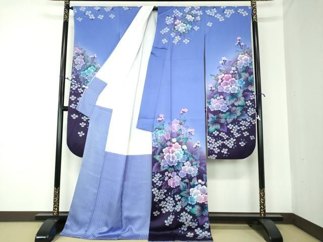 4k2105 振袖　正絹　袷　琴　藤　橙色　赤　金色　白　紫　緑　青　黒　花柄 平和屋着物○豪華振袖 手描き 草花文 暈し染め 金彩 正絹 逸品