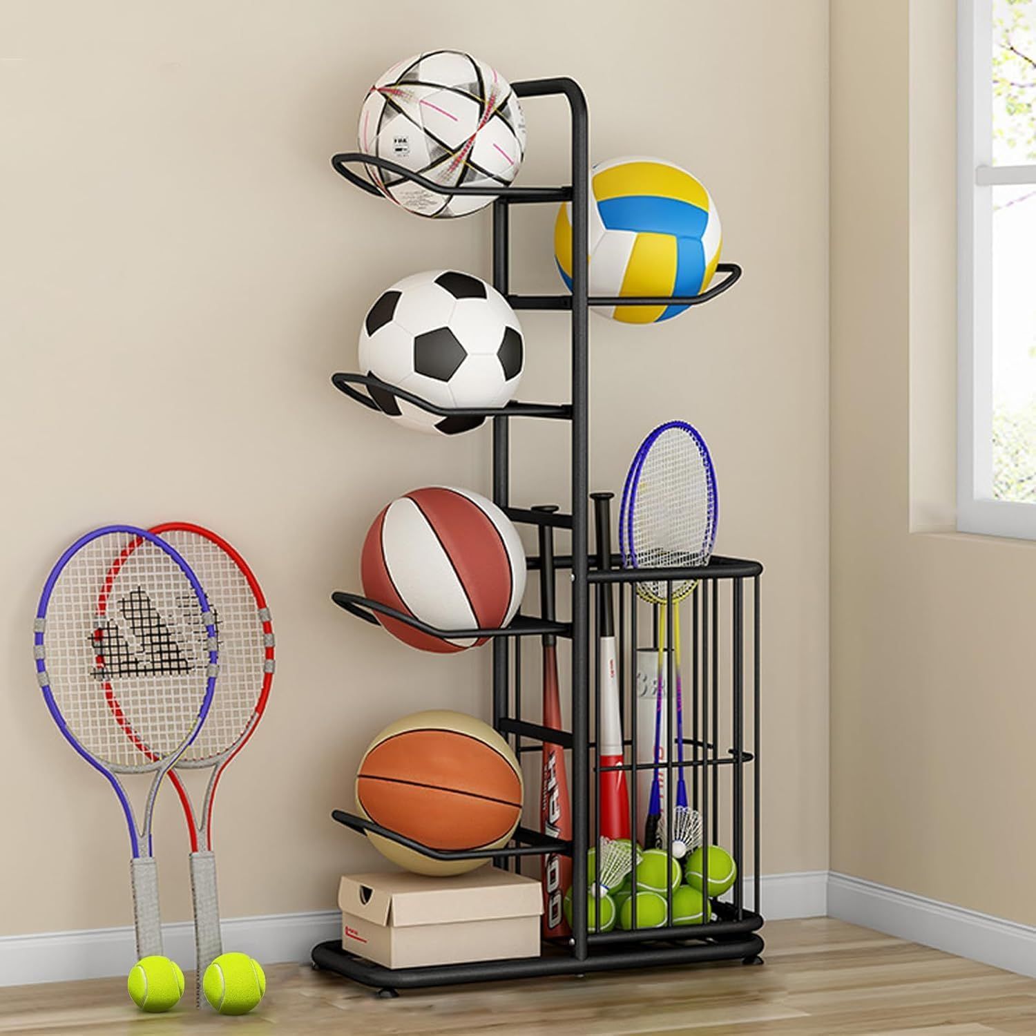 ボール整理かごスタンドラックテニスラケット、ヴァイオリン、ウクレレ