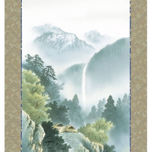 掛軸 年中飾り山水画 彩色山水 深緑渓谷 尺五 佐伯峰水 [KZ2B1