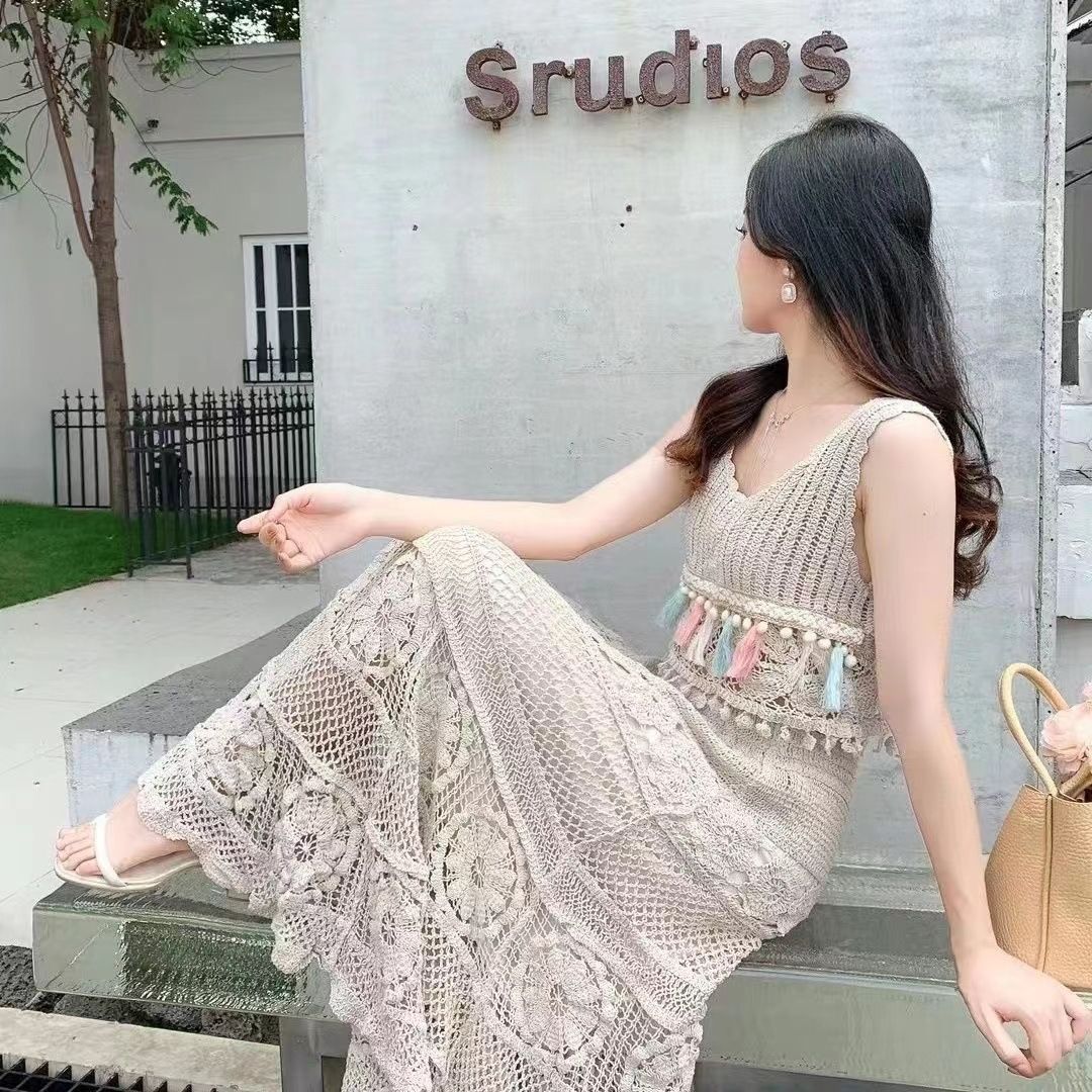 大人可愛いリゾート クロシェ編みセットアップ ボヘミアン夏服