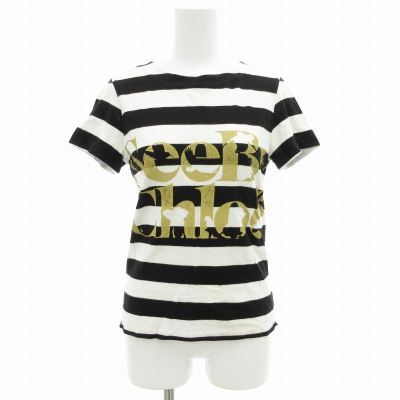 シーバイクロエ SEE BY CHLOE Tシャツ カットソー 半袖 ボーダー ロゴプリント 40 M 黒 ブラック 白 ホワイト /GV ■GY14