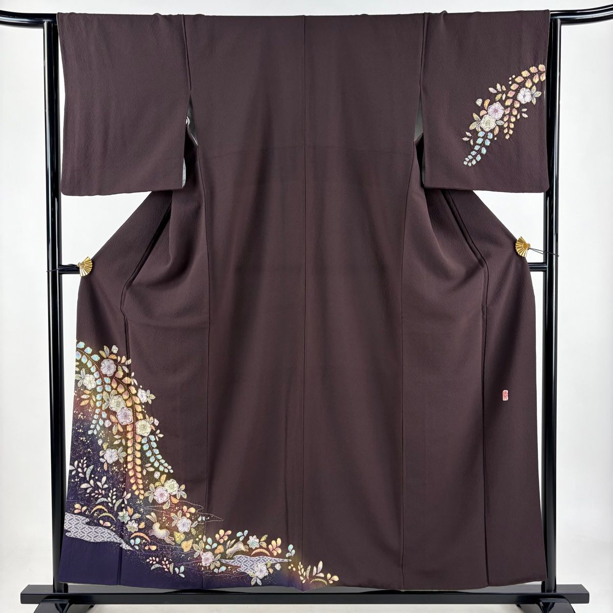 付下げ 身丈156.5cm 裄丈64cm M 袷 翠山工房 やまと 落款 辻が花 うさぎ 金彩 ぼかし 濃紫 正絹 名品
