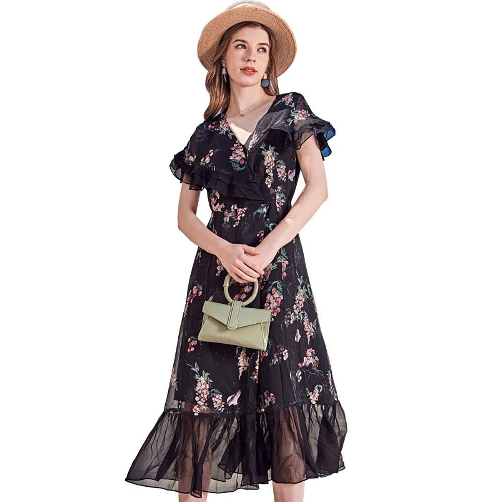 CISULI シルクリネンドレス プリントドレス 女性の夏のドレス 新しいファッション 夏休みスタイル ロングドレスブルーカラー 01 L