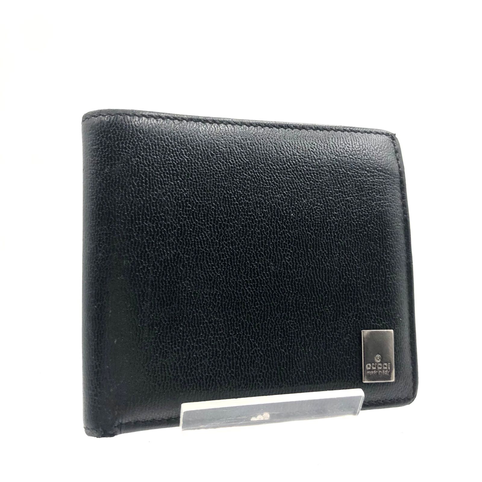 □美品□GUCCI グッチ 二つ折り財布 レザー 本革 ロゴプレート 