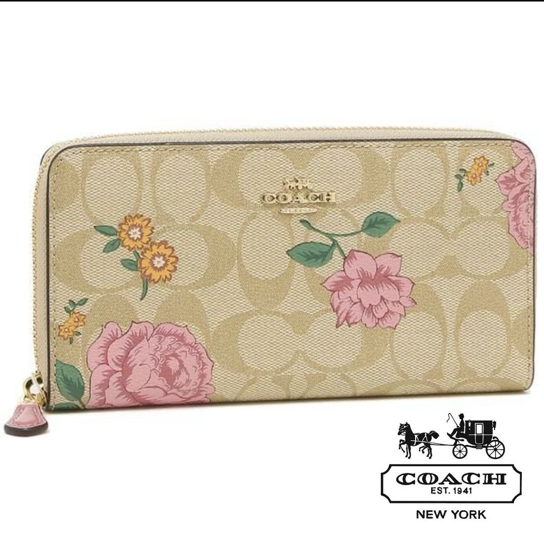 COACH 長財布 シグネチャー 花柄 薔薇 ピンク - 長財布