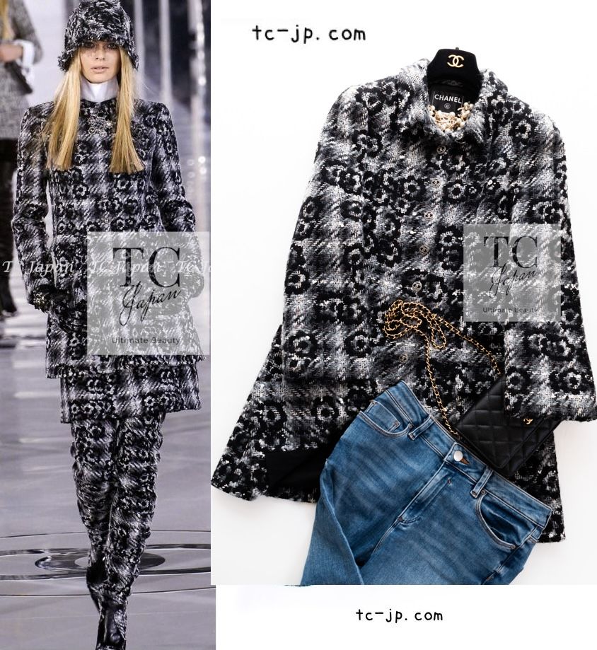 シャネル コート CHANEL ブラック グレー カメリア柄 CC ボタン ウール 