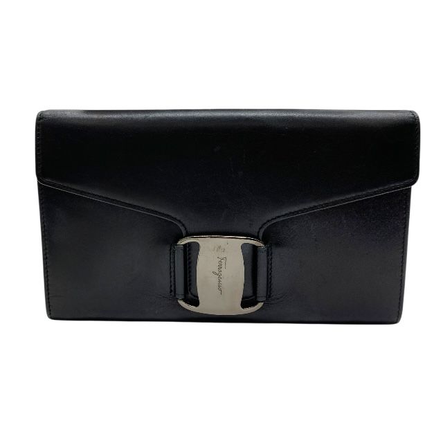 フェラガモ 22-7547 ヴァラ 財布 長財布 ロングウォレット ロゴ レザー ブラック シルバー Salvatore Ferragamo
