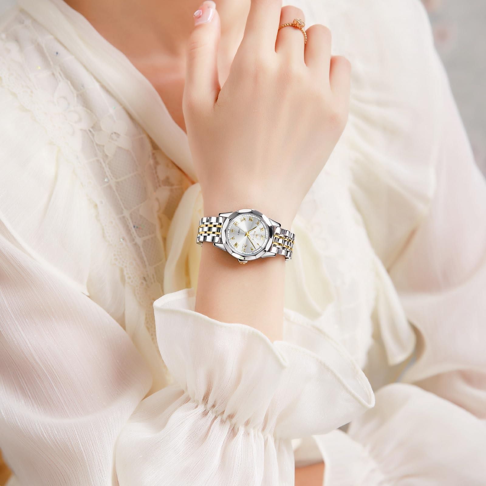 商品 OLEVS 腕時計 防水 レディース 小さい時計ビジネス ファッション おしゃれ アナログクオーツ メタル ゴールドホワイト ステンレスバンド 女性用うで時計 日付 Women Watch 銀文字盤 クリスタル 耐圧ウォッチ かわいい カジュ