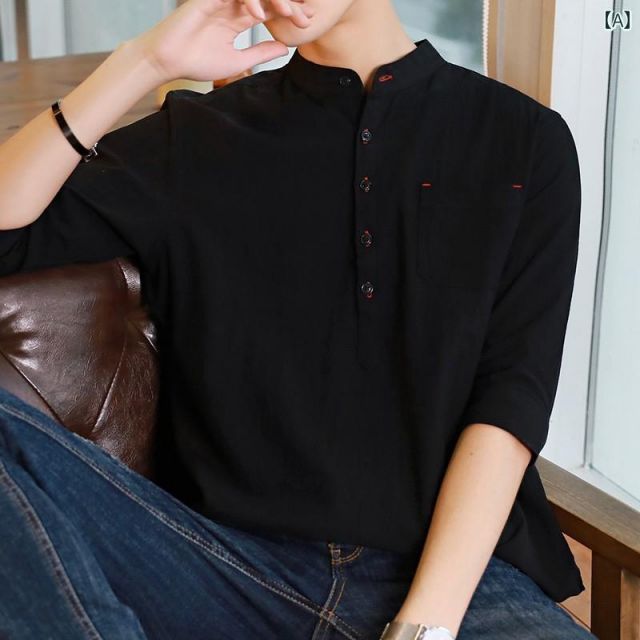 XL メンズ ファッション 服 オシャレ シンプル 大人 かっこいい 大きいサイズ ストリート 紳士服 ファッション 夏 リネン 半袖 シャツ 冷感 薄手 カジュアル 白 スリム スタンドカラー 七分袖