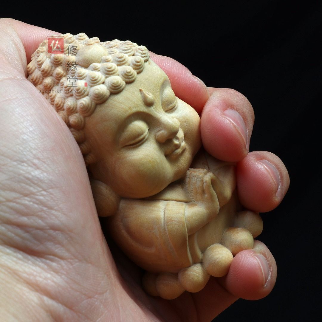 修縁堂】木彫り 仏像 Q版阿弥陀如来 阿弥陀仏 ミニ 彫刻 柘植材 仏教 