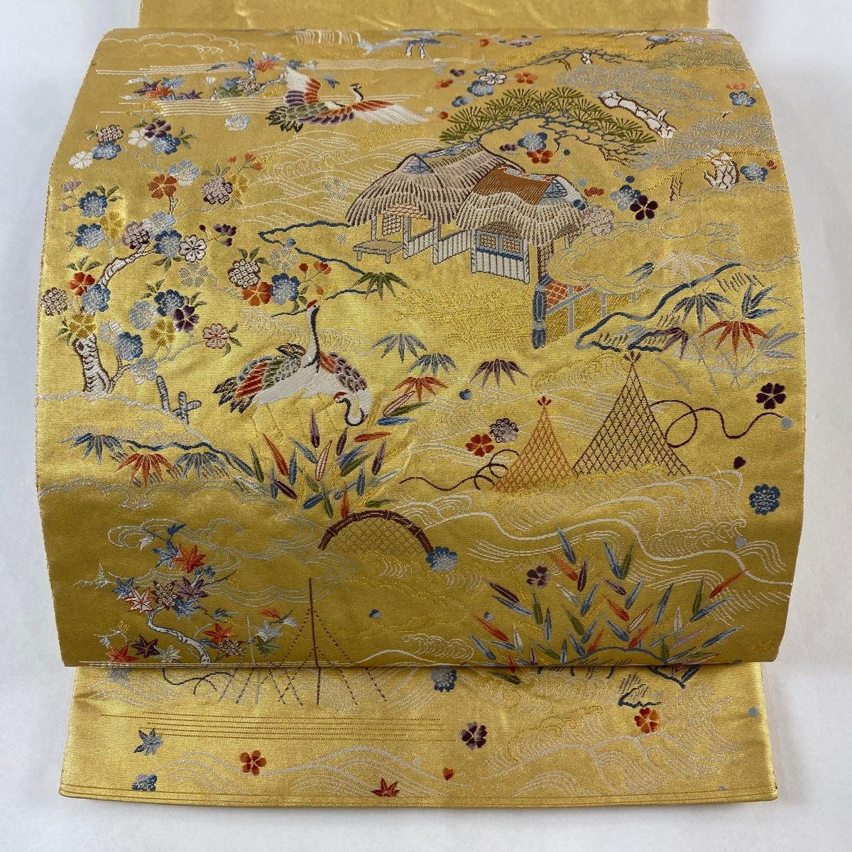 407y32☆袋帯 本金箔 本金箔 菊唐草 鶴 向かい鳥 宝尽くし 松竹梅☆美品 407y32☆袋帯 本金箔 本金箔 菊唐草 鶴 向かい鳥 宝尽くし