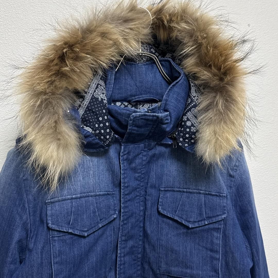 ラトルトラップ デニム ダウンジャケット ペイズリー柄 リアルファーL