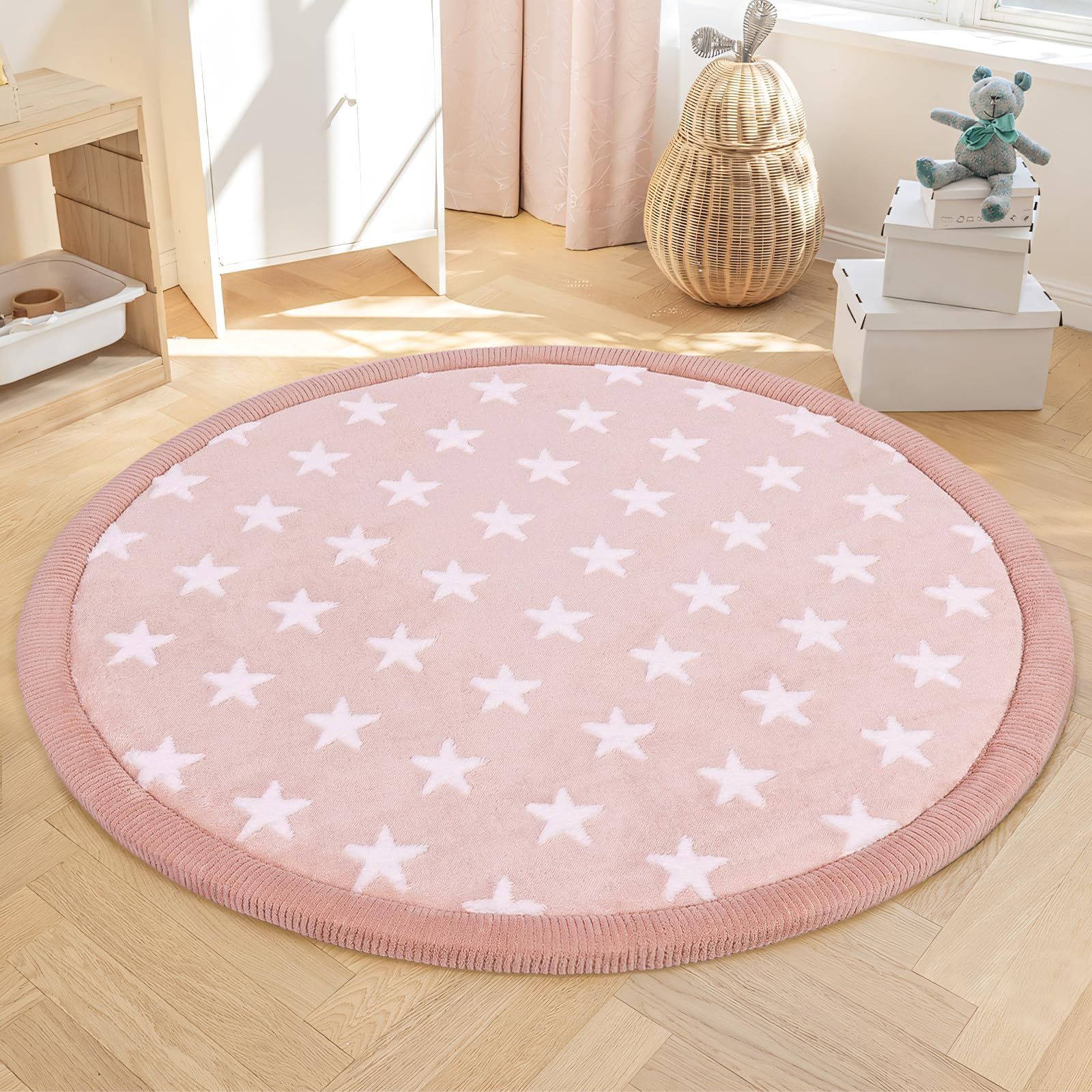 抗菌 ウレタン入り 滑り止め付 低反発 子供対応 厚手30mm プレイマット ラグカーペット ラグマット 洗える 直径120cm 子供部屋 円形 インテリア用 じゅうたん カーペット 絨毯 ラグ マットオールシーズン Shinnwa ピンク