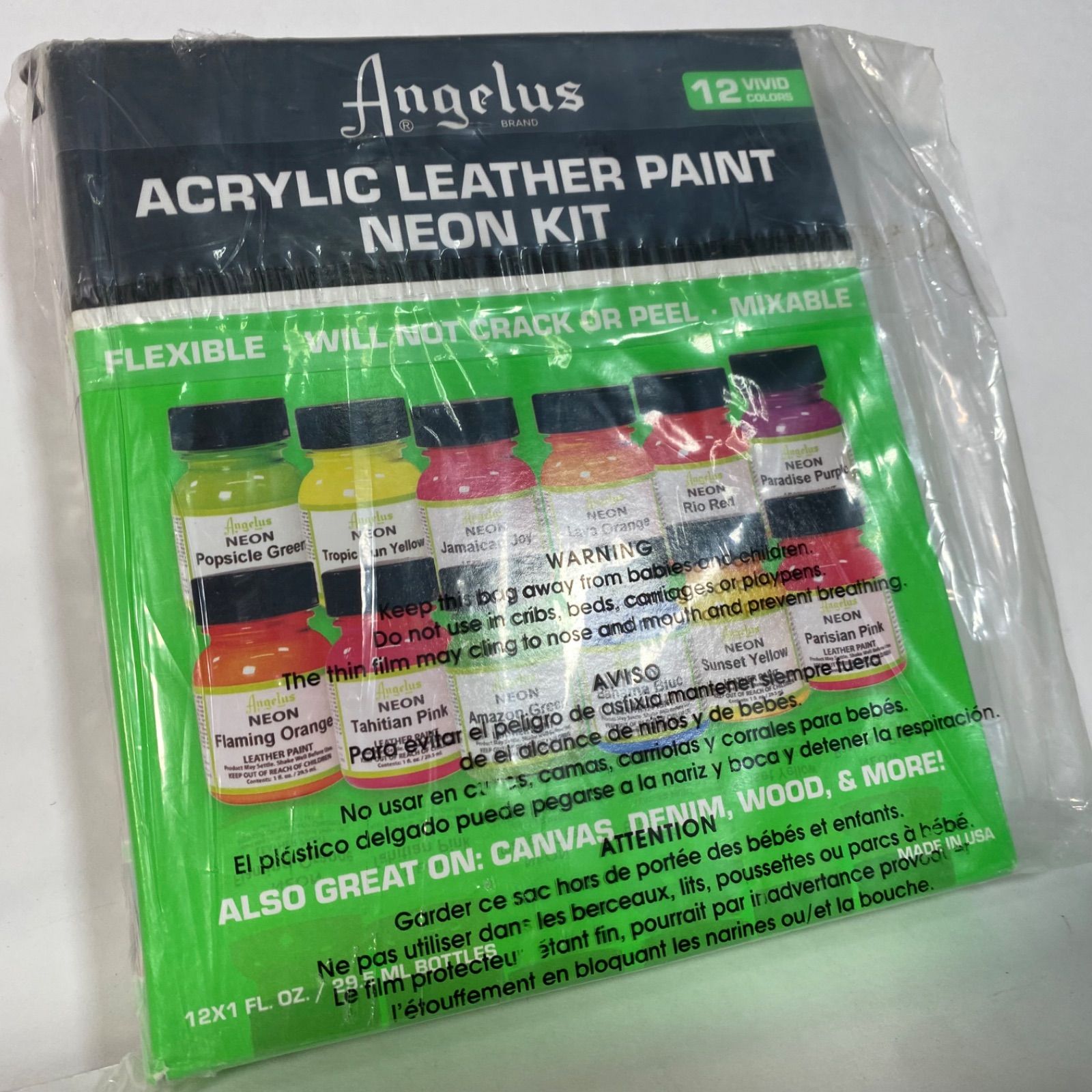 Angelus ネオンアクリルレザーペイントセット – 12種類の鮮やか