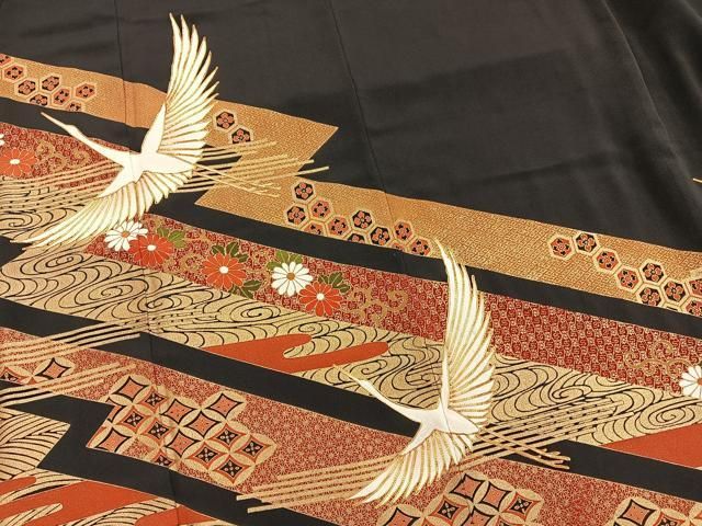 平和屋着物□豪華黒留袖 駒刺繍 飛鶴花文 暈し染め