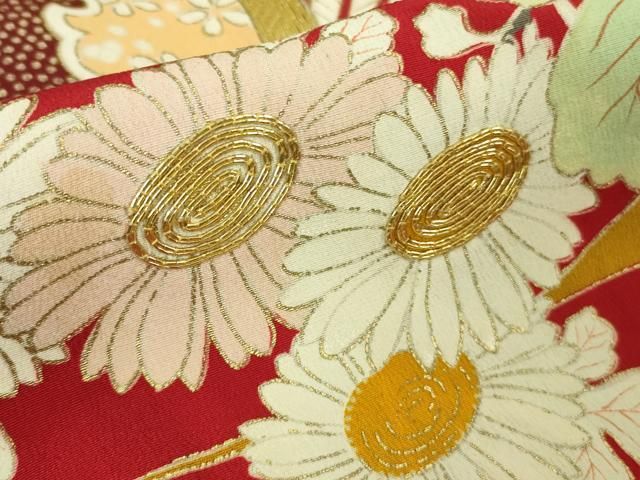 平和屋本店□極上 アンティーク 大正ロマン 振袖 刺繍 花車 乱菊 金糸