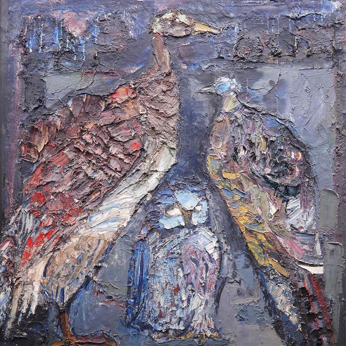 福島瑞穂 机上三羽 油彩60号 動物画 鳥 ふくろう 原画 油絵 絵画 真作