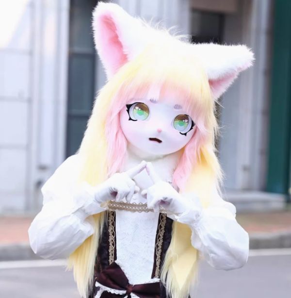 着ぐるみヘッド 猫 口開け 黄色 全頭ヘッド ケモノ マスク