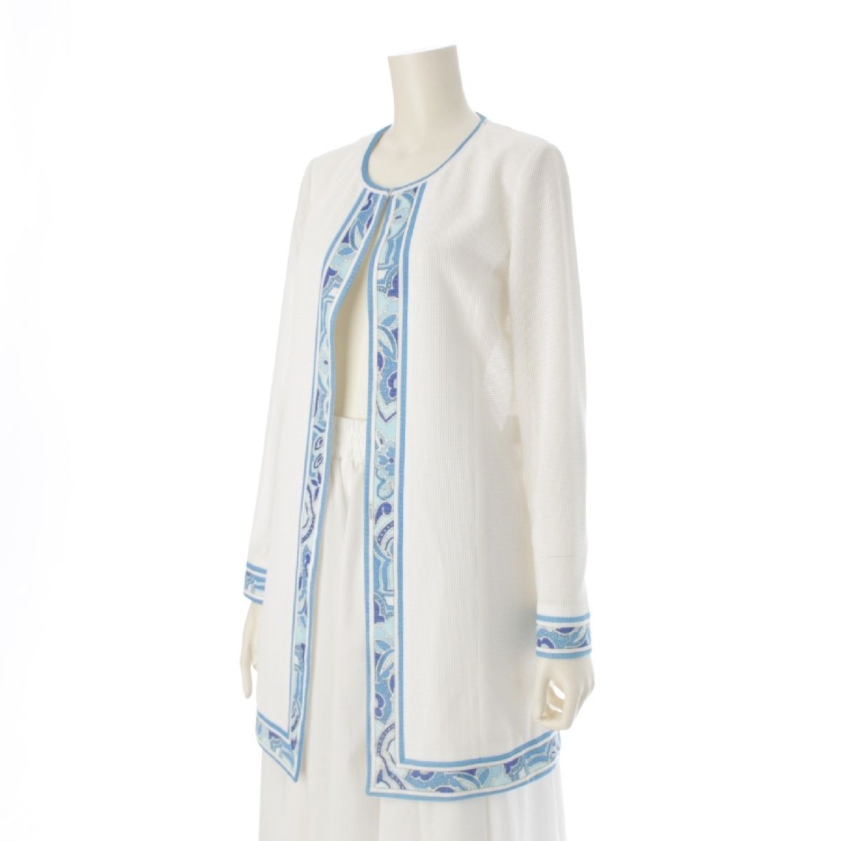 LEONARD - レオナール 花柄 メッシュ ノーカラージャケット コート アウター 0351354 ホワイト 38【中古】 レオナール 花柄 メッシュ ノーカラージャケット コート