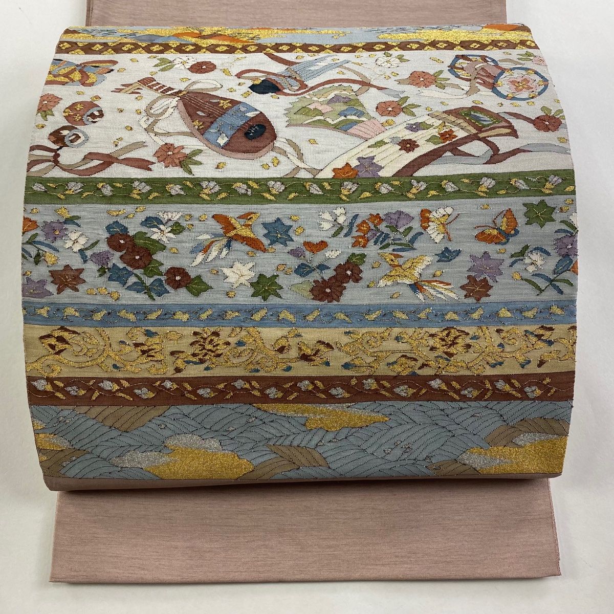 袋帯 和楽器 花鳥 金銀糸 薄小豆 お太鼓柄 正絹