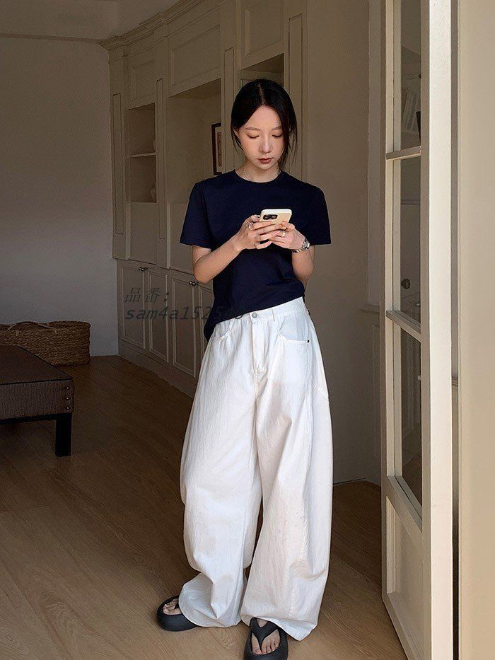 お値打ちの バレルパンツ レディース ワイドパンツ 白 コットン風 春夏 カジュアル ファション 韓国風 バレルレッグパンツ 体型カバー ゆったり ハイウエスト am4a152549