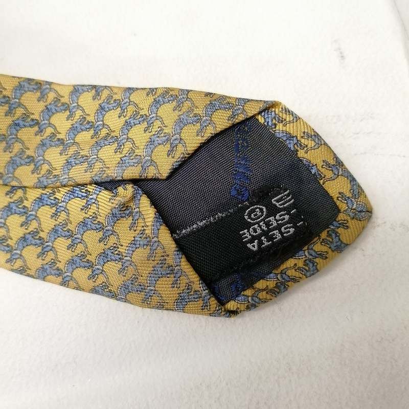 フェラガモ ネクタイ 犬 動物柄 ドッグモチーフ イエロー系 シルク100