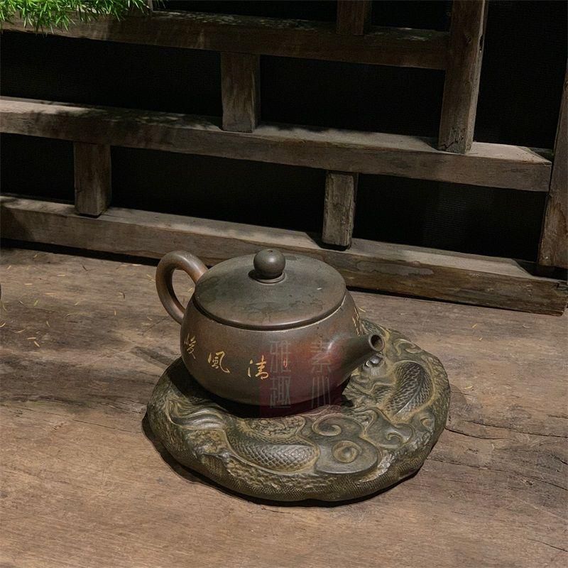 石彫 壺承 茶道具 工芸品 美術品 置物 銅 細工 茶道具 浮彫り 福禄