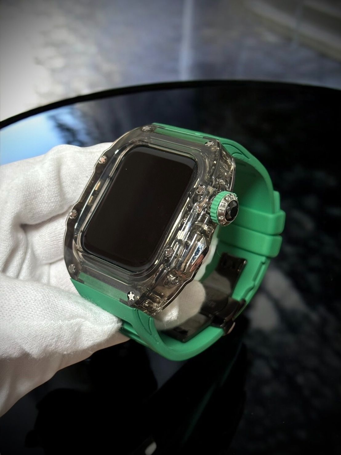 Apple Watch カスタムセット ベルト カバー ラバー バンド ジルコニアスケルト グリーン