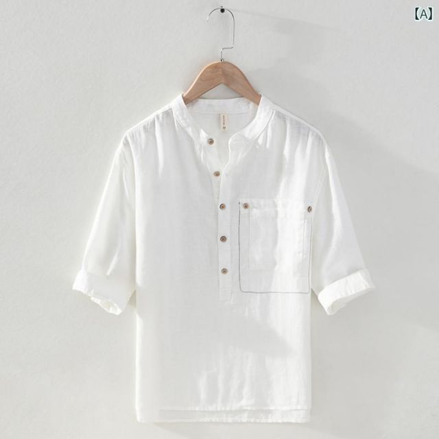 2XL メンズ ファッション 服 男性用 オシャレ シンプル 大人 かっこいい 大きいサイズ ストリート 紳士服 スタンドカラー リネン シャツ 五分袖 カンフー 唐 スーツ 綿 リネン カジュアル 夏