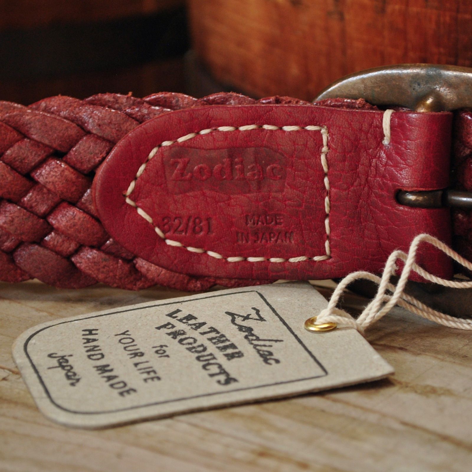 ZODIAC 40ミリ幅8本編みワイドメッシュベルト☆レッド☆本革製レザー  