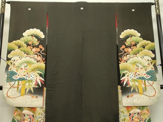 平和屋着物○アンティーク 大正ロマン 振袖 両褄 駒刺繍 御所車