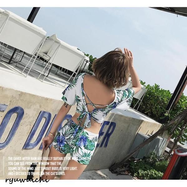 水着 レディース ビキニ 体型カバー水着 ショートパンツ パレオ 3点セット Vネック 半袖 ママ水着 20代 30代 40代 50代 男子水着