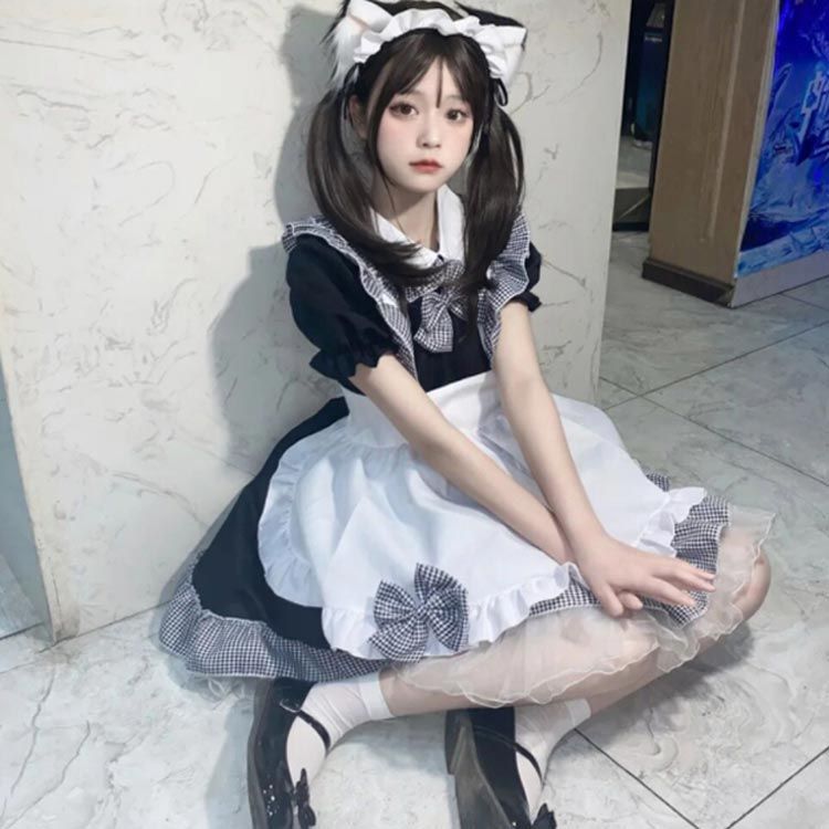 メイド服 エプロン カチューシャ 6点セット コスチューム メイド リポン かわいい 衣装 フルセット 仮装 チェック柄 ワンピース 半袖 レディース 可愛い 男ウケ セクシー ミニ丈 メイドカフェ衣#yskma603167