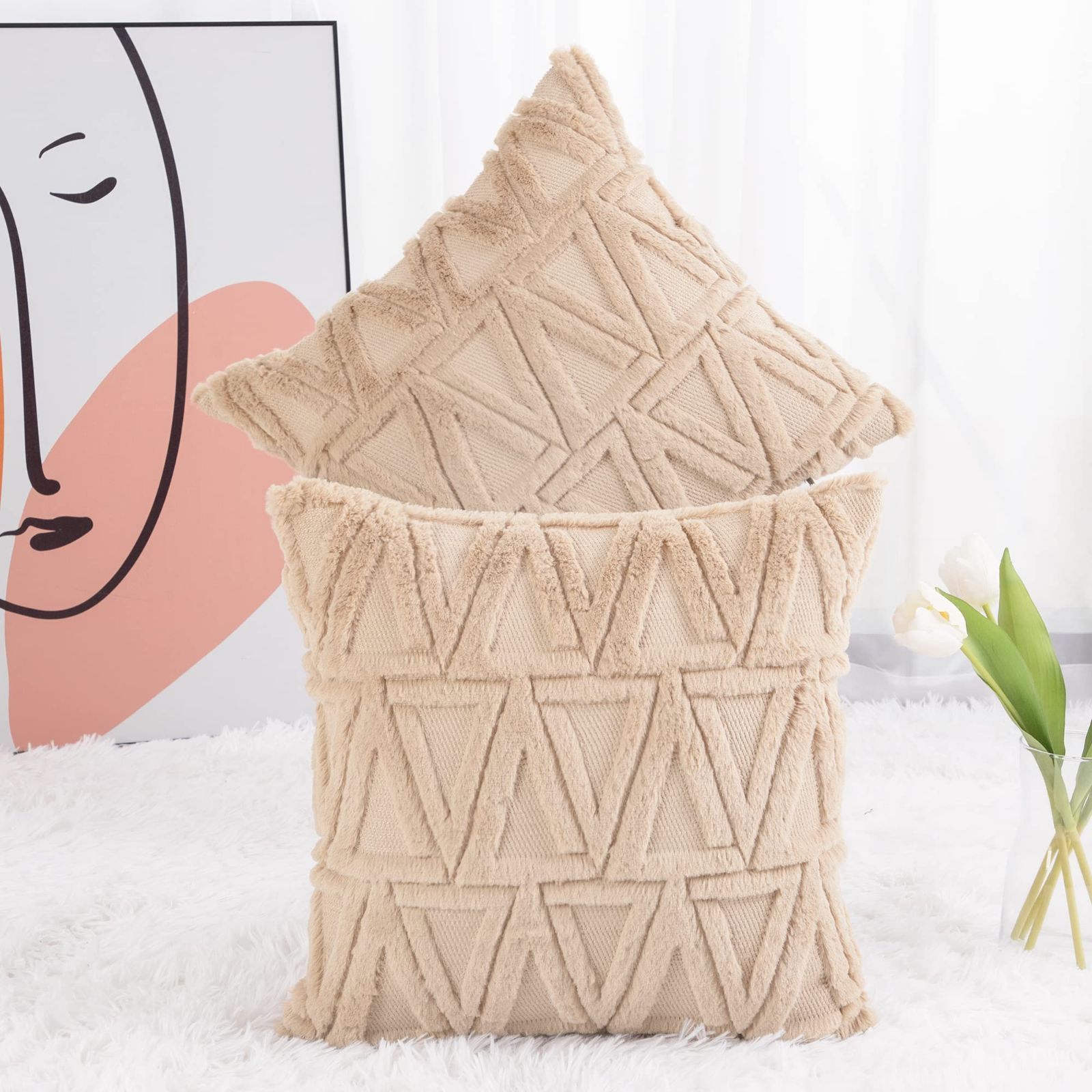 【特価商品】カーキ cm 45*45 寝室用 ソファ用 クッションケース スタイル 贅沢 枕カバー 装飾的な ベルベット ショートウール ぬいぐるみ 柔らかい 2枚セット クッションカバー Madizz