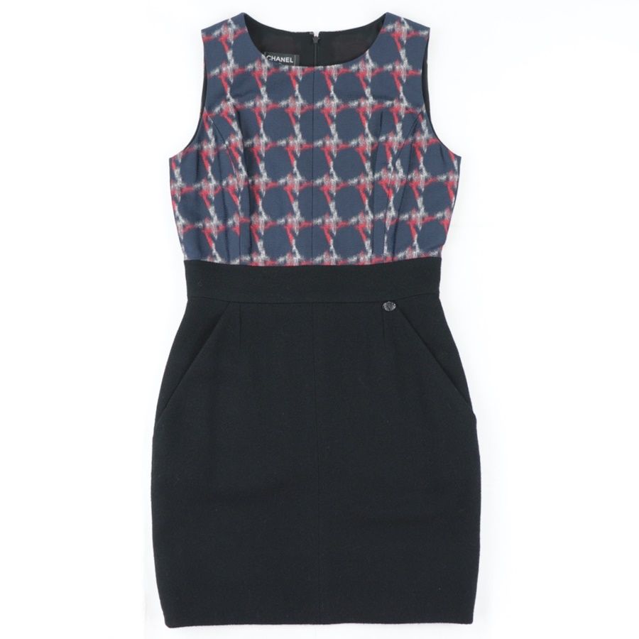 【極美品】CHANEL ツイード　ノースリーブワンピース 38 膝丈ワンピース シャネル P34 ツイードノースリーブワンピース レディース ネイビー 黒