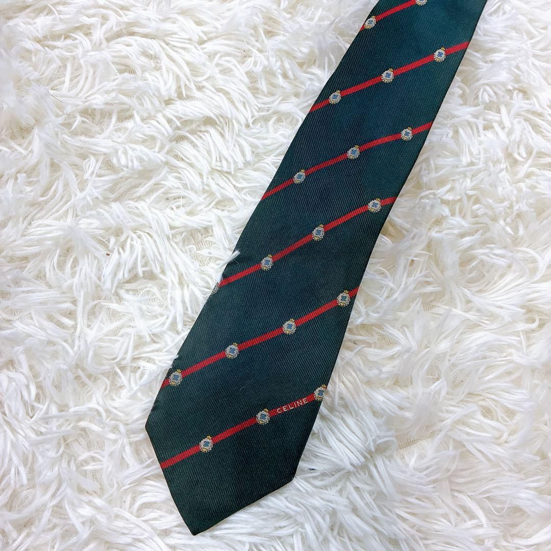CELINE ネクタイ トリオンフ ドット グリーン シルク100% ロゴ