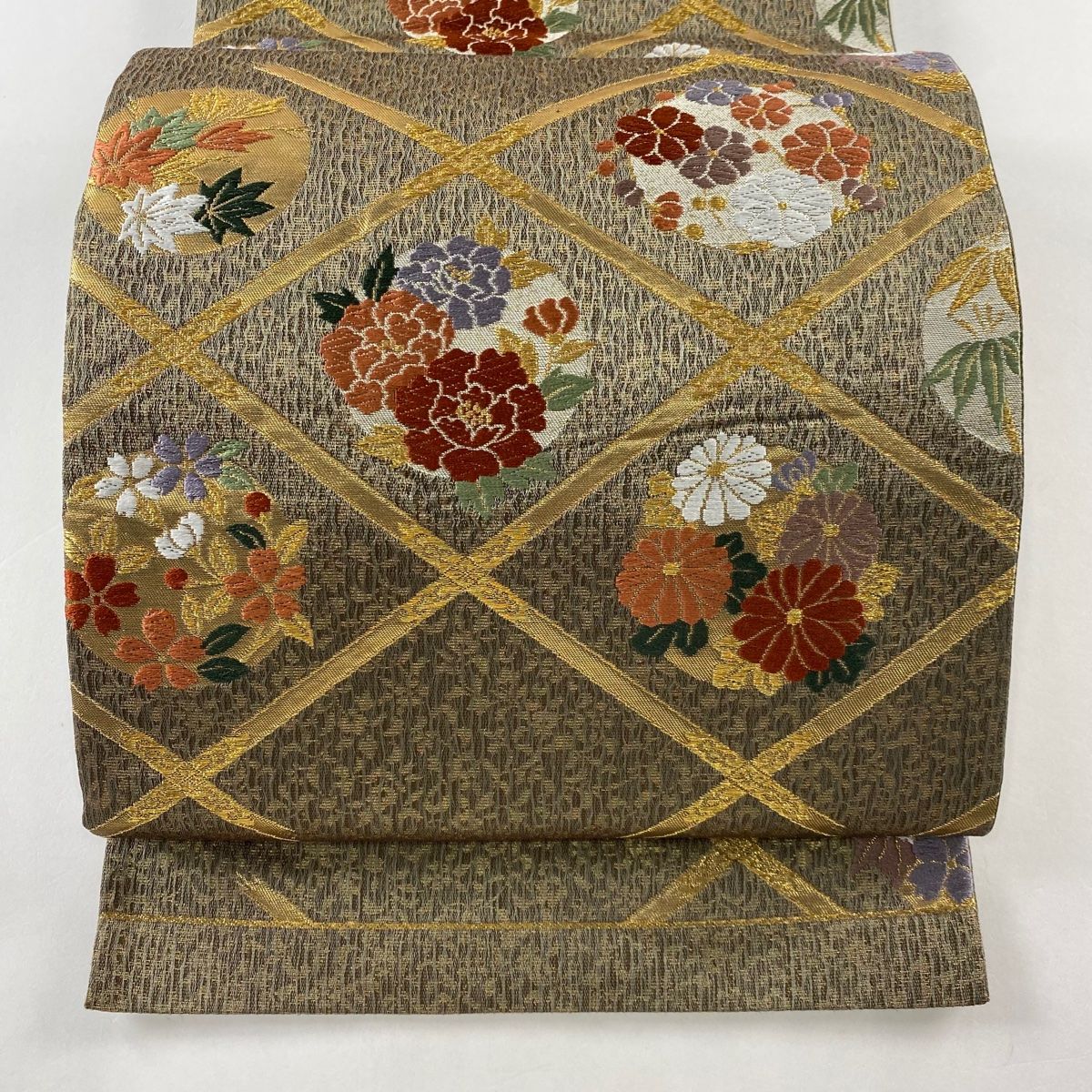 値段が激安 袋帯 美品 秀品 斜め格子 薄茶色 六通 正絹 【中古 