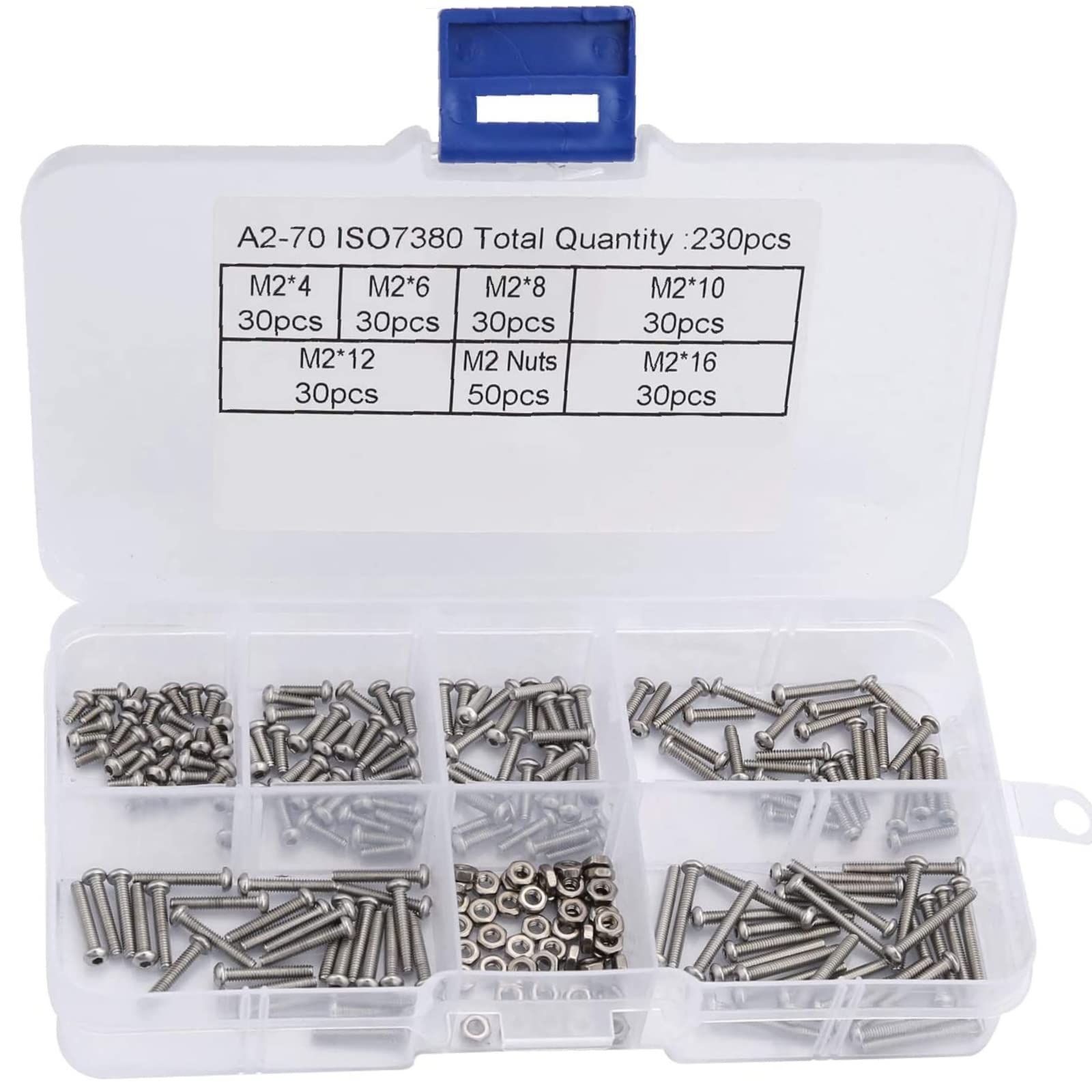BTtime 皿頭小ネジ セット 230個セット M2ステンレスねじ 180個入り（6種 各30個）六角ナット（50個入）高強度 耐腐食 工事作業用 精密機器用（収納ケース付き）