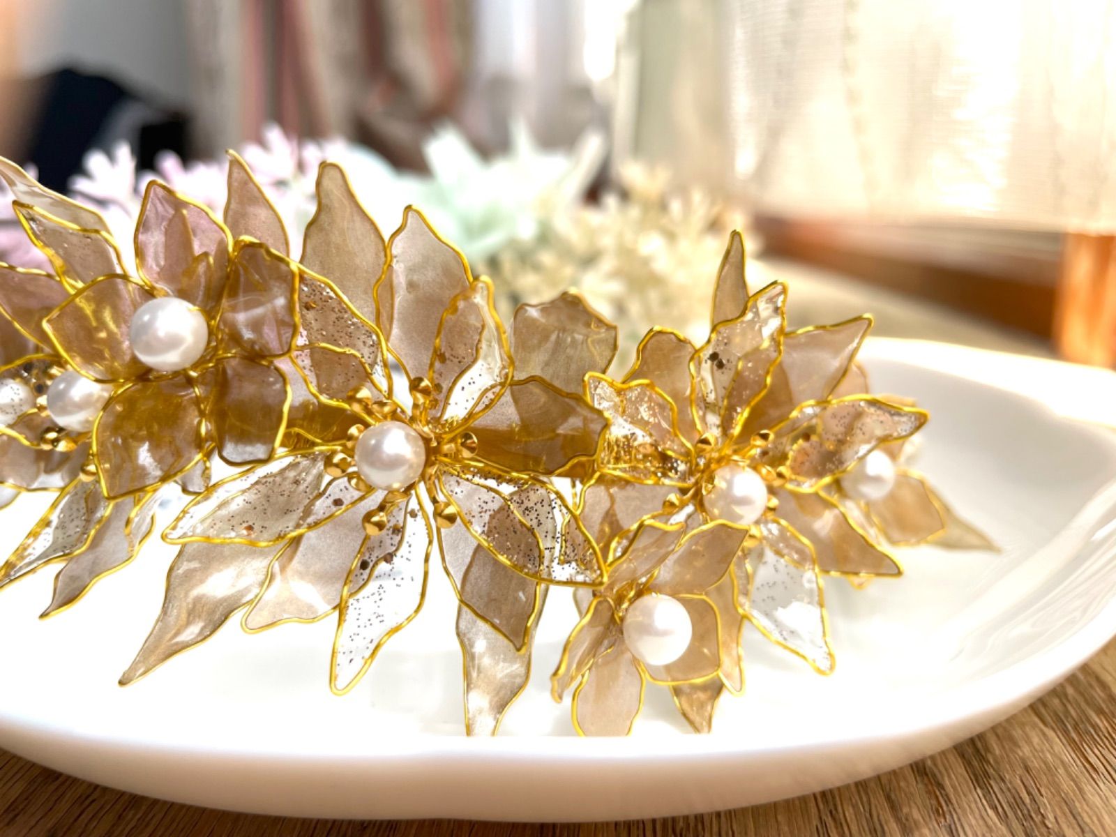 Gold Flowerのカチューシャ ＊アメリカンフラワー ＊ディップフラワー