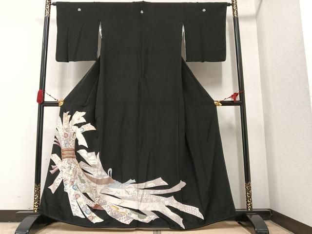 平和屋着物□豪華黒留袖 駒刺繍 束ね熨斗花鳥文 金彩 正絹 逸品